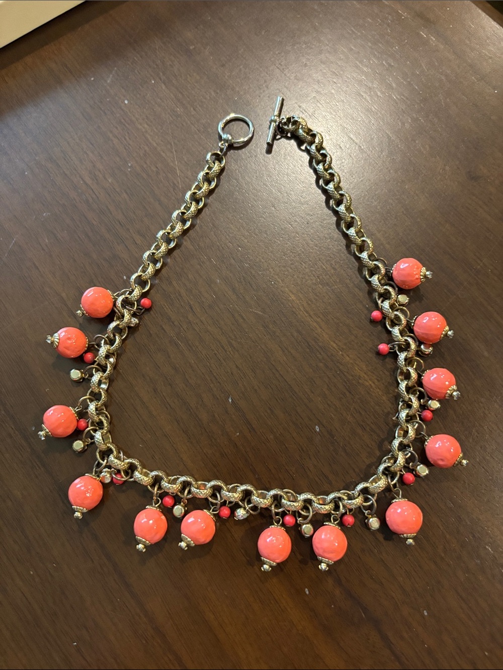 Gold Chain Necklace with Coral Pink Bead Charms